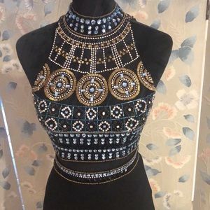 Sherri Hill black two piece beaded halter gown.